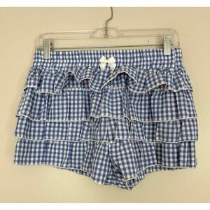 Women's Tiered Ruffle Check Print Mini Shorts Blue White Size Small Coquette